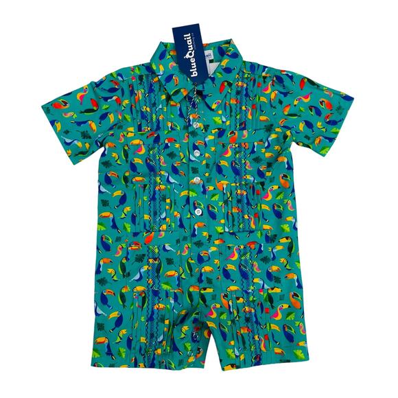 NWT Blue Quail 0-3M Toucans Guayabera Romper - Picture 1 of 7